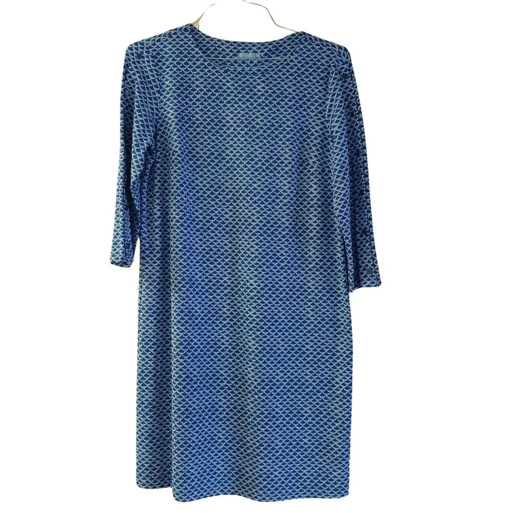 J. McLaughlin Shift Sheath Mod Fan Shell Print Blue Long Sleeve Dress